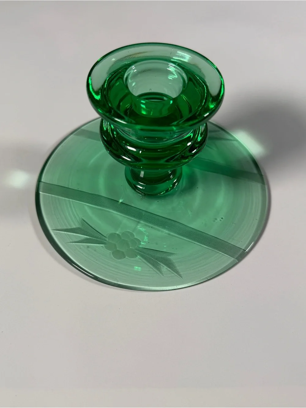 Mismatched Fostoria pair of Green Glass Candle Holders, one etched glows,